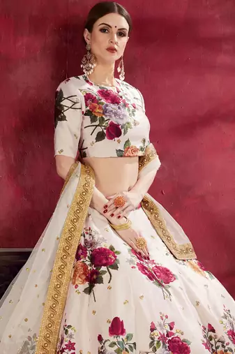 Off White Print Embroidery Sequins Work Art Silk Lehenga choli