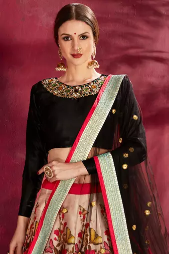 Black Print Embroidery Sequins Work Velvet Lehenga choli