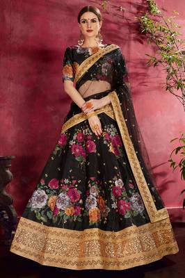 Black Print Embroidery Sequins Work Art Silk Lehenga choli 1