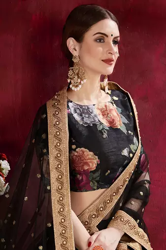 Black Print Embroidery Sequins Work Art Silk Lehenga choli