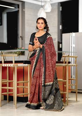 Maroon mulcotton hand print saree with unstitched blouse piece 1