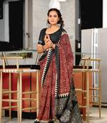 Maroon mulcotton hand print saree with unstitched blouse piece