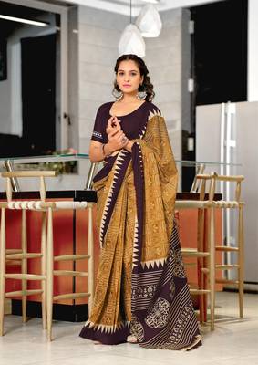 Mustard mulcotton hand print saree with unstitched blouse piece 1