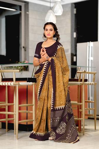 Mustard mulcotton hand print saree with unstitched blouse piece