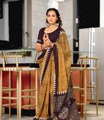 Mustard mulcotton hand print saree with unstitched blouse piece