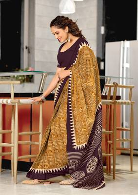 Mustard mulcotton hand print saree with unstitched blouse piece 2