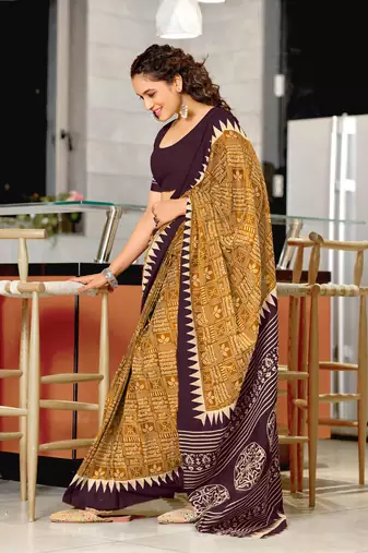 Mustard mulcotton hand print saree with unstitched blouse piece