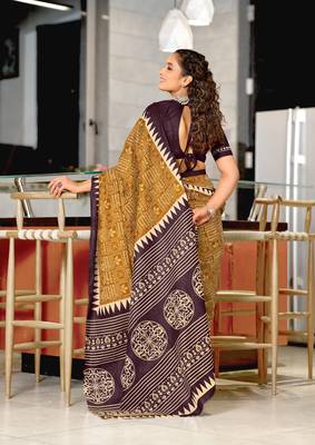 Mustard mulcotton hand print saree with unstitched blouse piece 3