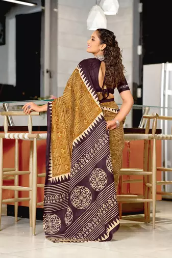 Mustard mulcotton hand print saree with unstitched blouse piece
