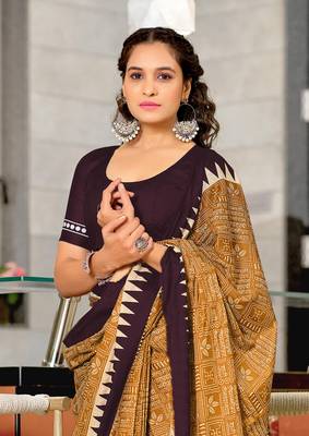 Mustard mulcotton hand print saree with unstitched blouse piece 4