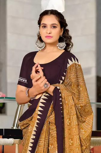 Mustard mulcotton hand print saree with unstitched blouse piece