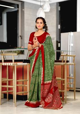 Green mulcotton hand print saree with unstitched blouse piece 1