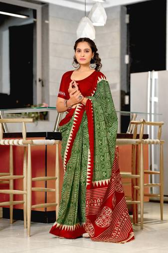 Green mulcotton hand print saree with unstitched blouse piece