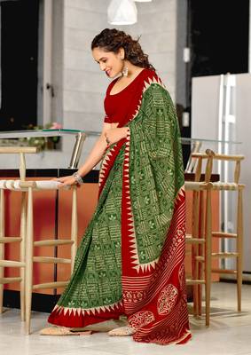 Green mulcotton hand print saree with unstitched blouse piece 2
