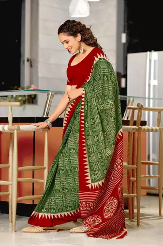 Green mulcotton hand print saree with unstitched blouse piece