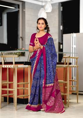 Blue mulcotton hand print saree with unstitched blouse piece 1