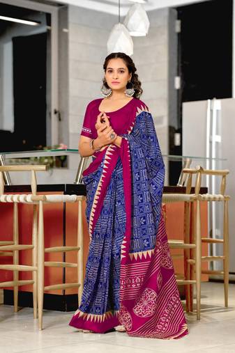 Blue mulcotton hand print saree with unstitched blouse piece