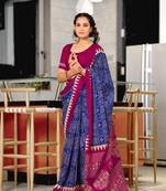 Blue mulcotton hand print saree with unstitched blouse piece