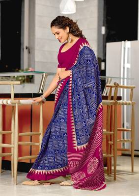 Blue mulcotton hand print saree with unstitched blouse piece 2