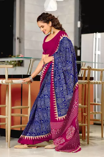 Blue mulcotton hand print saree with unstitched blouse piece
