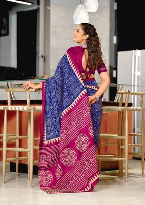 Blue mulcotton hand print saree with unstitched blouse piece 3