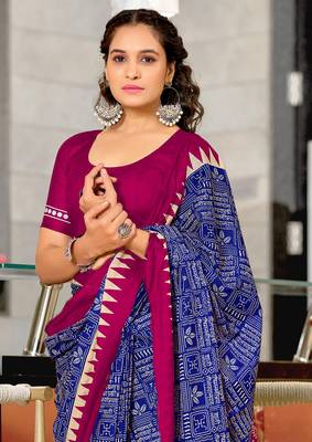 Blue mulcotton hand print saree with unstitched blouse piece 4