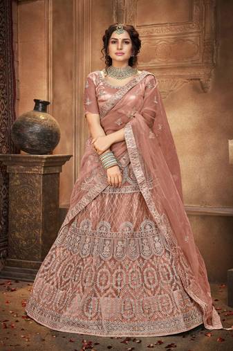 Peach Embroidered Stone Work Net semi stitched Lehenga choli