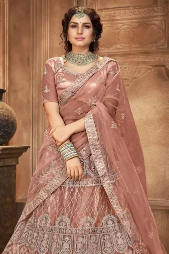 Peach Embroidered Stone Work Net semi stitched Lehenga choli