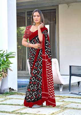 Black mulcotton ikat print saree with unstitched blouse piece 1