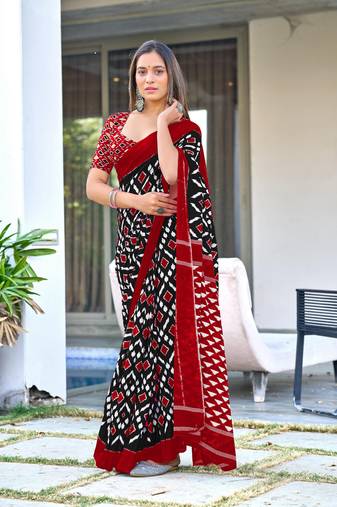 Black mulcotton ikat print saree with unstitched blouse piece