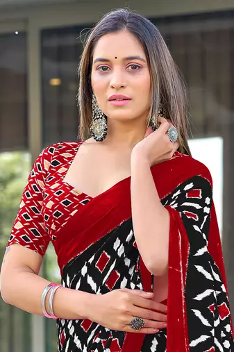 Black mulcotton ikat print saree with unstitched blouse piece