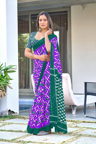Lavender mulcotton ikat print saree with unstitched blouse piece