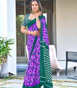 Lavender mulcotton ikat print saree with unstitched blouse piece