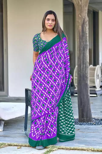 Lavender mulcotton ikat print saree with unstitched blouse piece