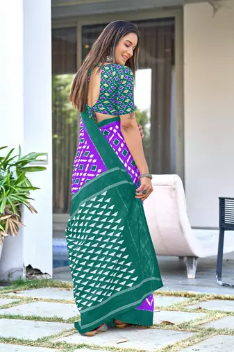 Lavender mulcotton ikat print saree with unstitched blouse piece