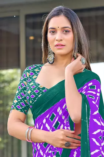 Lavender mulcotton ikat print saree with unstitched blouse piece