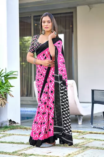 Pink mulcotton ikat print saree with unstitched blouse piece