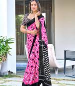 Pink mulcotton ikat print saree with unstitched blouse piece