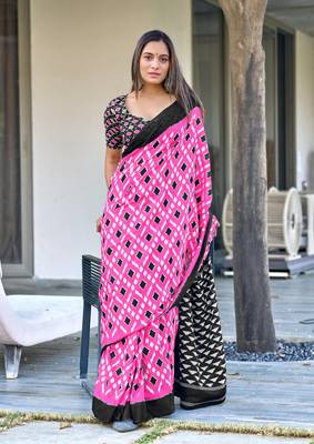 Pink mulcotton ikat print saree with unstitched blouse piece 2