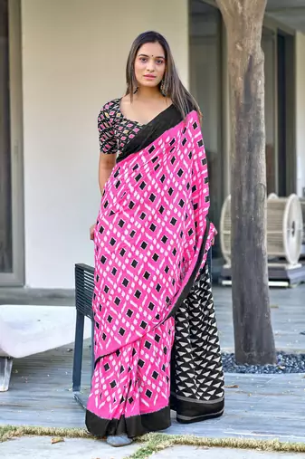 Pink mulcotton ikat print saree with unstitched blouse piece
