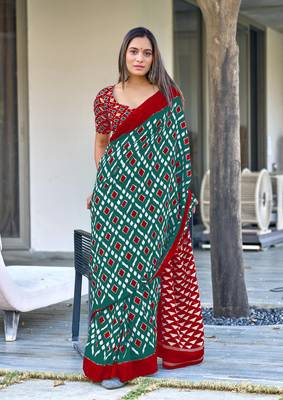 Teal mulcotton ikat print saree with unstitched blouse piece 2