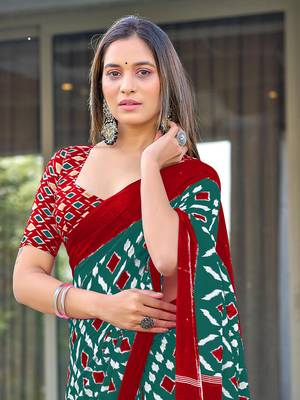 Teal mulcotton ikat print saree with unstitched blouse piece 3