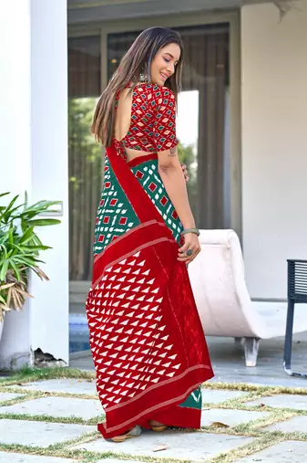 Teal mulcotton ikat print saree with unstitched blouse piece
