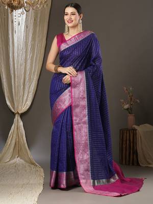 Blue checks design silk blend saree with blouse piece 1