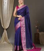 Blue checks design silk blend saree with blouse piece