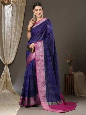 Blue checks design silk blend saree with blouse piece 2
