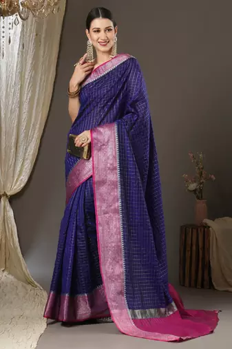 Blue checks design silk blend saree with blouse piece