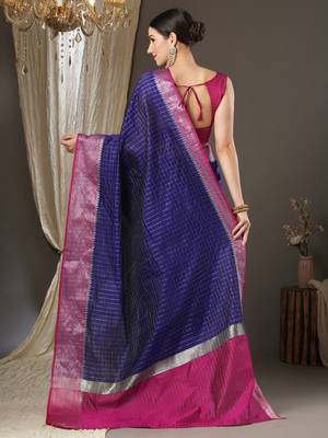 Blue checks design silk blend saree with blouse piece 3