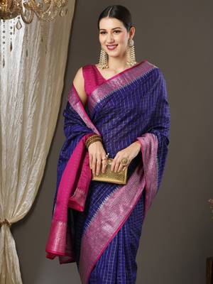 Blue checks design silk blend saree with blouse piece 4
