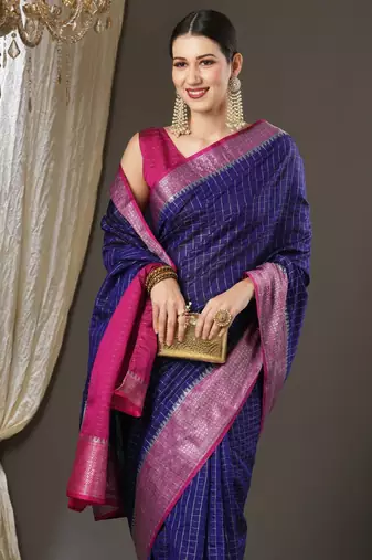 Blue checks design silk blend saree with blouse piece